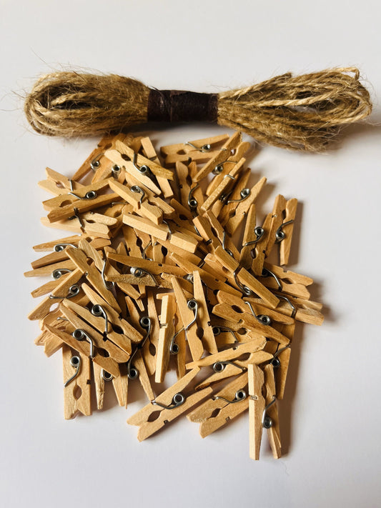 50 x Wooden Mini Pegs, 5 Meters Natural Brown Jute String - Photo/Card Hanging Kit